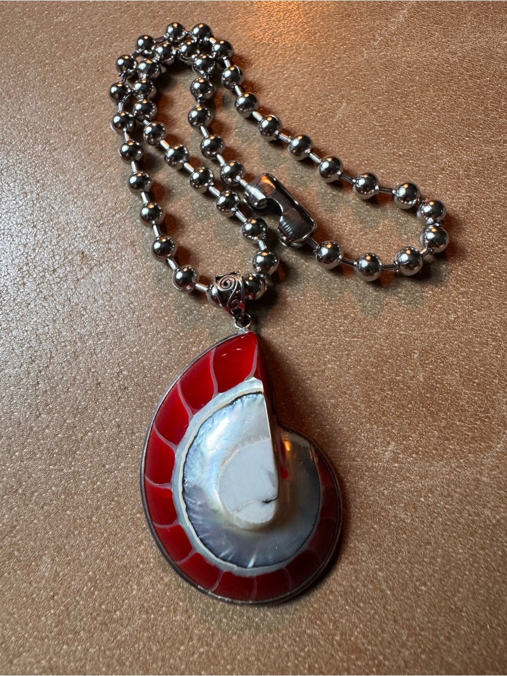 Sterling silver red and white nautilus Shell Pendant Necklace ball chain